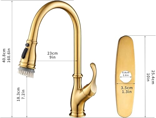 Miniatura 6 de Grifo de cocina dorado con rociador extraíble, grifos de cocina de oro cepillado de arco alto comercial con placa de cubierta