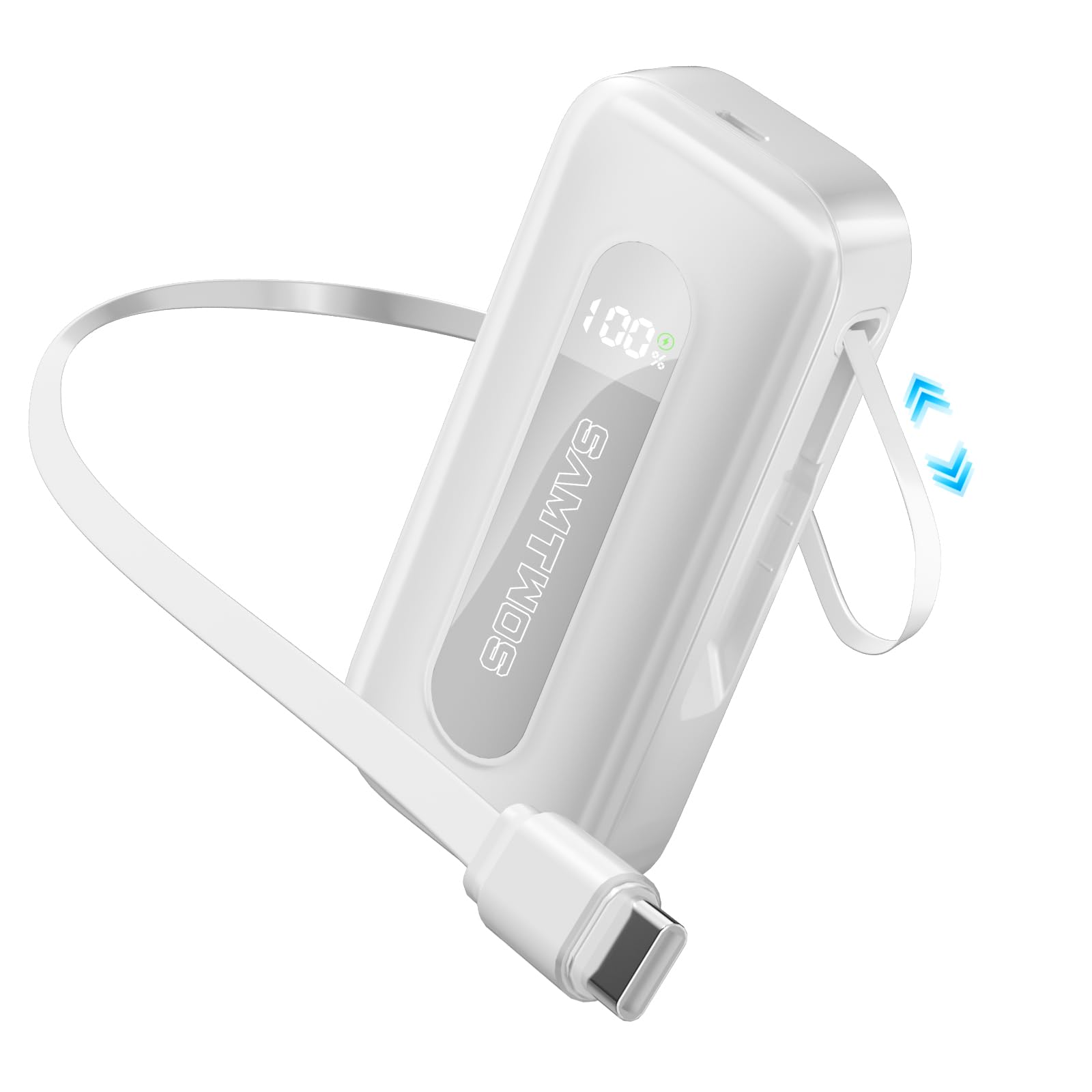 SAMTWOS Portable Charger 10000mAh,PD 30W Fast Charging Power Bank Built-in 1.9ft Retractable USB-C Cable for Travel,2 Output Battery Pack for iPhone 16/15 Series, Galaxy, iPad, and More (White)
