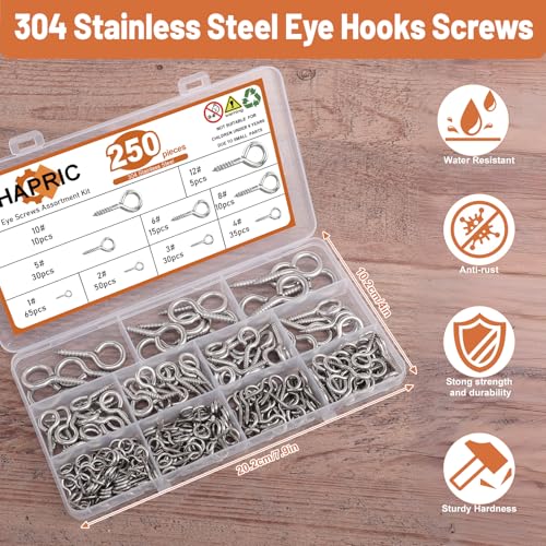 250 Pcs Eye Hook Screws, 304 Stainless Steel Screw Eyes 0.75"-1.75" 9 Size Eyelet Screw Heavy Duty Self Tapping Screws for Wood Picture Frame - Image 5
