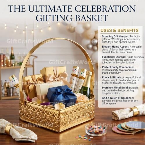 Image of Multipurpose Metal Basket For Gift Hamper, Pooja Temple Storage With Sturdy Handle, Decorative Flower Organizer & Versatile Puja Utility Accessories Home Decoration (Heart Shape)