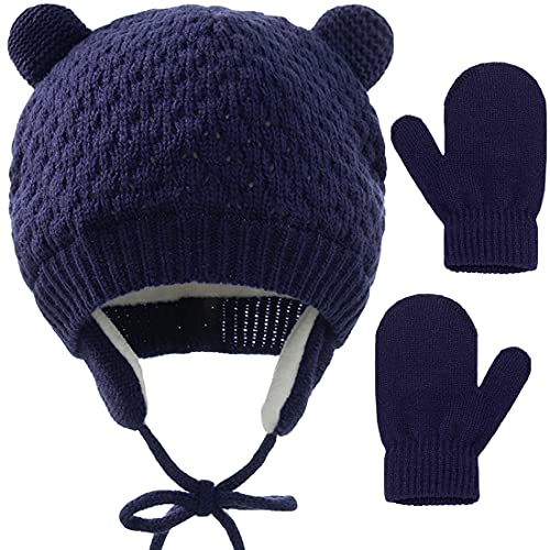 KMOLY Baby Winter Hats and Mittens Toddler Beanie Warm Earflap Infant Knit Caps Winter Thermal Gloves Boys Girls Beanie Hat Navy