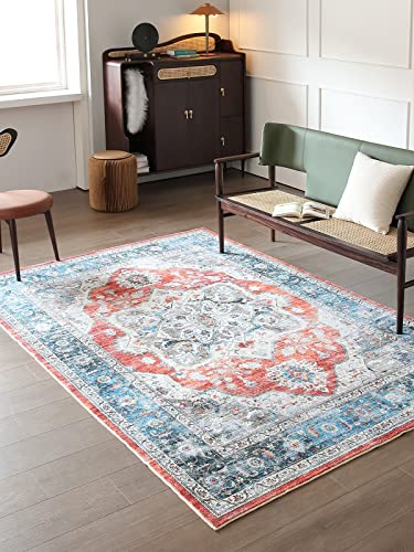 Vowkten 8X10 Area Rugs Machine Washable Boho Rug Non-Slip Persian Vintage Low Pile Rugs For Living Room, Bedroom, Farmhouse, Dining Room, Kids Playroom Orange #TOP7