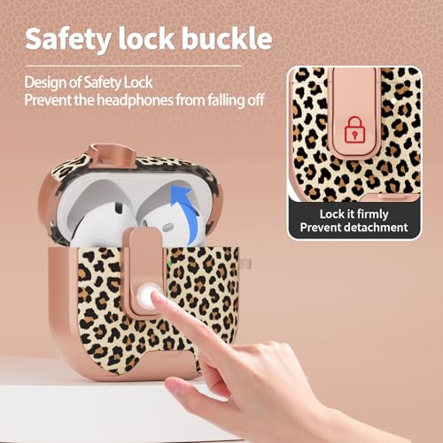 Image of for AirPods 4 Case with Safty Lock & Phone Stand,Cute Floral Pattern Style | PC & TPU Dual Layer Protective Cover with Keychain & Cleaner Pen for Apple AirPod 4th Generation 2024 Women (Leopard Print)