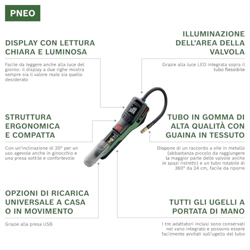 Bosch PNEO Mini Compressore a batteria (incl. set di adattatori di pressione, batteria Compact Power BA 4V 3.0 Ah e borsa in tessuto) - Immagine 2
