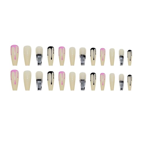 Uñas postizas largas a presión para Halloween, diseño de ataúd francés, con diseño de calavera y esqueleto, cobertura completa, color rosa y negro,