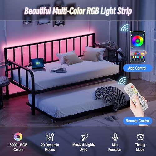TOLEAD Daybed with Pop Up Trundle, Twin Day Bed with Charging Station and LED Lights, Twin to King Metal Sofa Bed Frame with Steel Slat Support for Living Room, Bedroom and Guest Room, Black