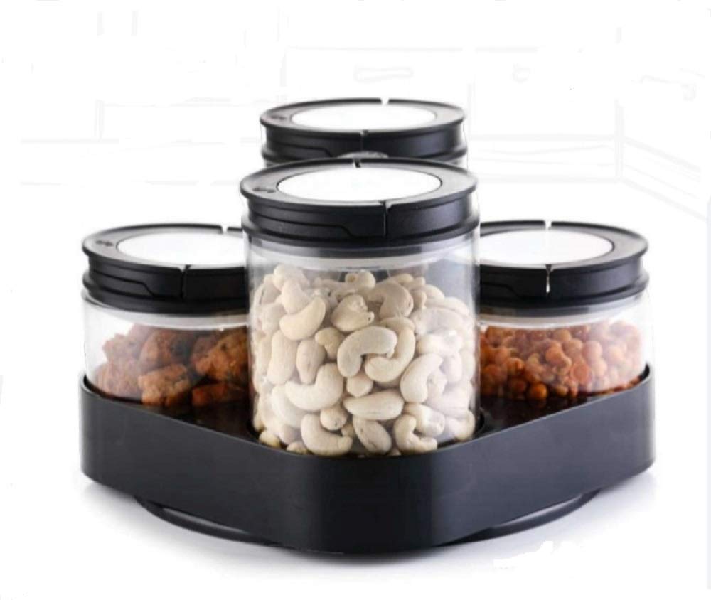 Mbuys Mall 360° Revolving Plastic Multi Purpose Dry Fruit Box with Lid Container, Dining Spice Stand/Jar Box Transparent (Set of 4 PCS Set)