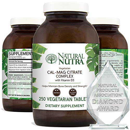 Natural Nutra Cal-Mag Citrate with Vitamin D3, Calcium, Magnesium, 1000/500 mg Complex, Strengthen Bone Density, Muscle and Nerve Health, Highly Bioavailable Sources of Ascorbate, 250 Vegan Tablets