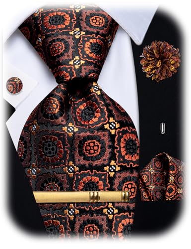 Image of YourTies Silk Paisley Floral Tie and Pocket Square Cufflinks with Lapel Pin Sets for Men 5PC Wedding Party