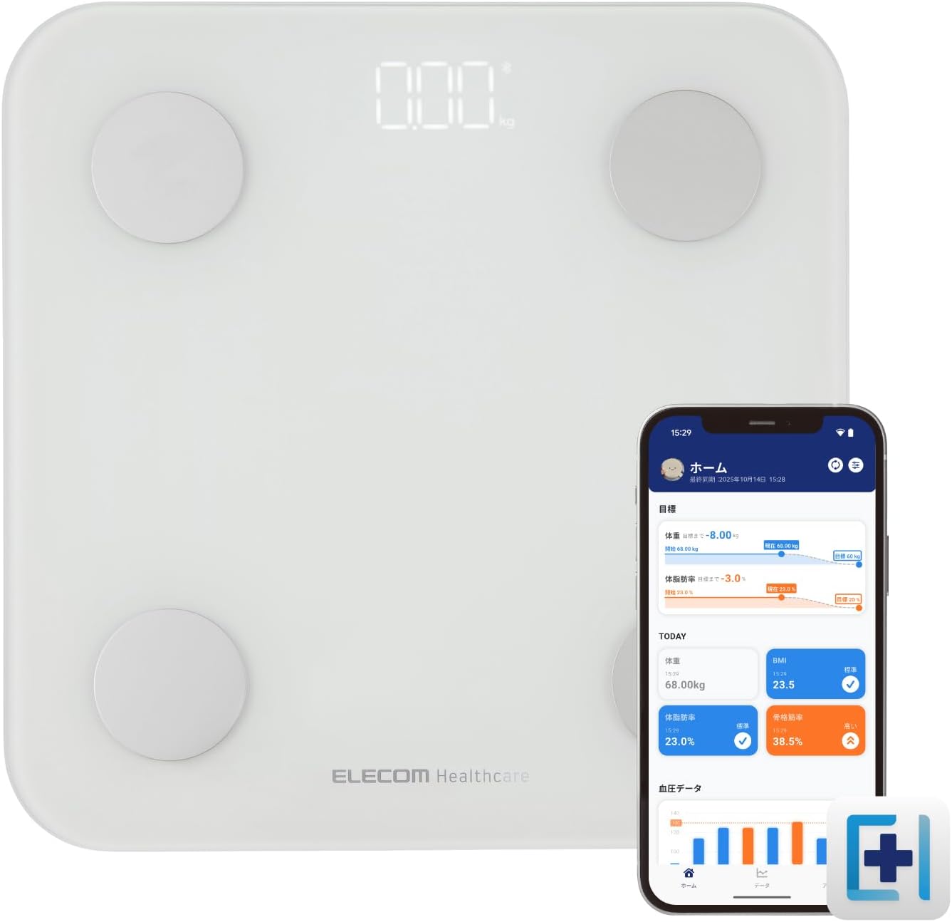 ELECOM Body Composition Scale 50g Precision Bluetooth/Wi-Fi Communication 13 Items [Weight, Body Fat Percentage, BMI, Basal Metabolic Rate, Skeletal Muscle Ratio, Visceral Fat Level, Bone Mass