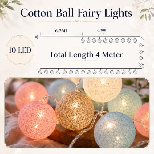 Image of One94Store Cotton Ball String Fairy Lights - 14 LED, 3 Meter, Multicolor Decorative Plug-in Lights for Diwali, Christmas, Parties, Weddings & Home Decor