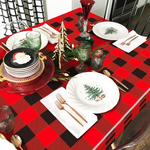Image of Gistome 3-Piece 54 x 108 Inch Buffalo Plaid Plastic Tablecloth - Red and Black Checkered Design, Disposable Rectangle Table Cover for Dining, Birthday, Christmas, Fall and Winter Themed Decorations