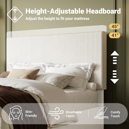 Image of Allewie Full Bed Frame, Adjustable Corduroy Headboard, Platform, White | Adjustable Headboard, Corduroy Fabric, Low Profile, Wooden Slats, 800 lb Capacity, No Box Spring Needed
