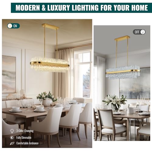 Siljoy Modern Crystal Chandelier 20 Lights Gold Rectangle 2 Tiers Raindrop Chandelier Luxury Adjustable Flush Mount Oval Pendant Ceiling Light Fixture for Dining Living Room Kitchen Island L40 Inch by Siljoy - Image 7