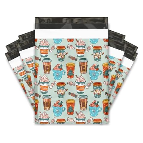 10x13 (100) Christmas Coffees Designer Winter Poly Mailers Self Sealing Waterproof Shipping Envelopes Holiday Premium Printed Bags For Small Businesses Cover