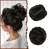 SOFEIYAN Claw Clip Messy Bun Hair Piece Wavy Curly Hair Bun Clip in Claw Chignon Ponytail Hairpieces Synthetic Tousled Updo Hair Extensions Scrunchie Hairpiece for Women, Darkest Brown Tend to Black