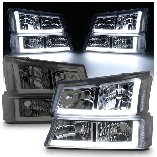 M-AUTO Headlight Assembly LED Strip DRL w/Pre-assembled 6000K LED Bulbs Compatible with 03-04 Chevy Silverado 2500, 03-06 Silverado 1500 1500HD 2500HD 3500/Avalanche 1500 2500