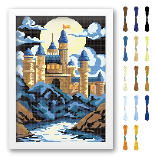 Image of FREEBLOSS DIY Cross Stitch Wall Painting Castle Pattern Cross Stitch Kit Home Wall Decor 11CT Cross Stitch Starter Kit with Instruction Stamped Cross Stitch Counted Kit for Beginners, 28 * 38cm