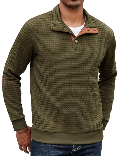 COOFANDY Maglioni da uomo invernali con collo a camicia, felpe con cappuccio in maglia a nido d'ape, con bottoni, felpe casual trapuntate, Colore: verde scuro., L