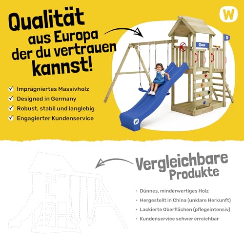 WICKEY Spielturm Klettergerüst MultiFlyer mit Holzdach, Schaukel & pastellgrüner Rutsche, Outdoor Kinder Kletterturm mit Sandkasten, Leiter & Spiel-Zubehör für den Garten