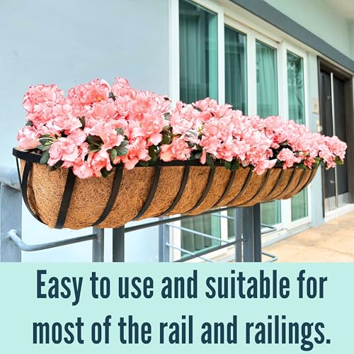 Image of LaLaGreen Railing Planters Box (36 inch, 4 Pack) Black Metal Rectangular Window Flower Box with Coco Liner, Extra Large Wall Hanging Planter for Outdoor Plants Deck Rail Fence Bracket Balcony Porch Decor