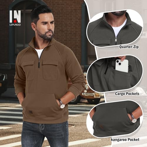 Lepunuo Cargo Sweatshirts for Men Quarter Zip Long Sleeve Warm Fleece Tactical Pullover Casual Athletic Loose Sweatshirts2