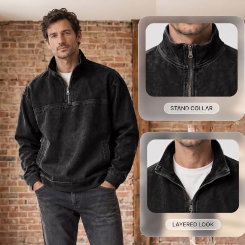 Men's Denim Shirt Washed Retro Quarter Zip Pullover Top Denim Top - image 8