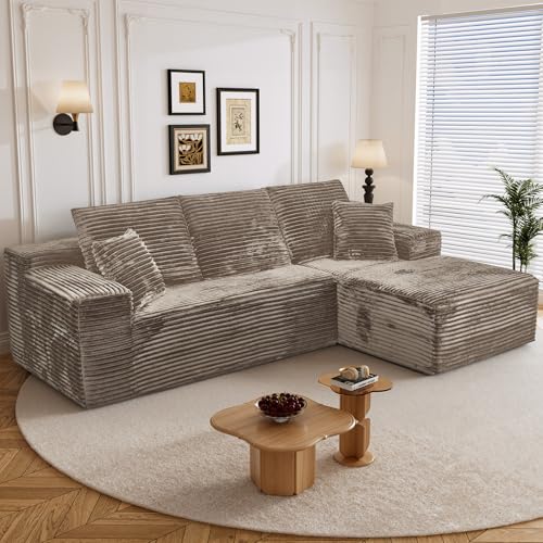 Image of 108 inch L Shaped Boneless Sectional Couches for Living Room, Comfy Corduroy Floor Cloud Sofa with Chaise, Wide Armrest, Deep Seat, Memory Foam, Assembly Free, Ideal for Small Spaces, Brown