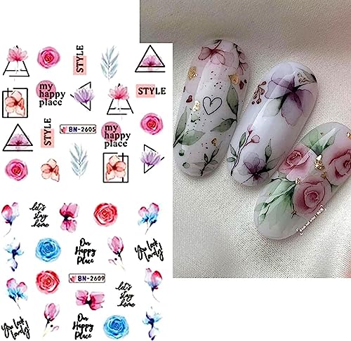 Geometry Line Flower Leaf Nail Art Stickers 12PCS Water Transfer Nail Decals Graffiti Painted Colorful Slider Sticker Floral Pastel Plant Sliders Acrylic Nail Sticker for Women Girls DIY Manicure - Image 5