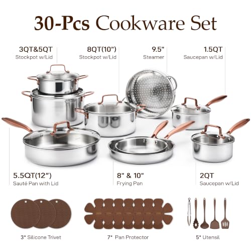Image of CAROTE 30 PCS Tri-Ply Stainless Steel Cookware Set, Pots and Pans Set, Non Toxic Induction Kitchen Cooking Sets, Gold