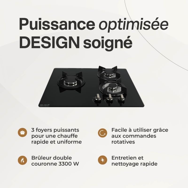 BELDEKO Plaque Gaz 3 Feux 5250W Grilles Fonte Verre Noir - Marque Française
