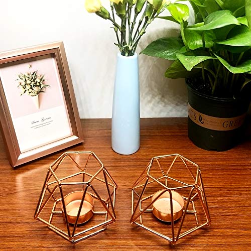2 Pcs Small Rose Gold Candle Holder, Metal Geometric Candlestick Holder Decorative, Tealight Candle Holders For Table Decor, Wedding, Dining Room, Party, Etc. #TOP1