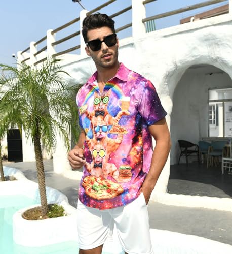 TUONROAD Chemise Hawaienne 3D Cat Pizza Funky Hawaii Shirt Manches Courtes Chemise de Plage Casual Ete Aloha Chemise Homme M – vue 2