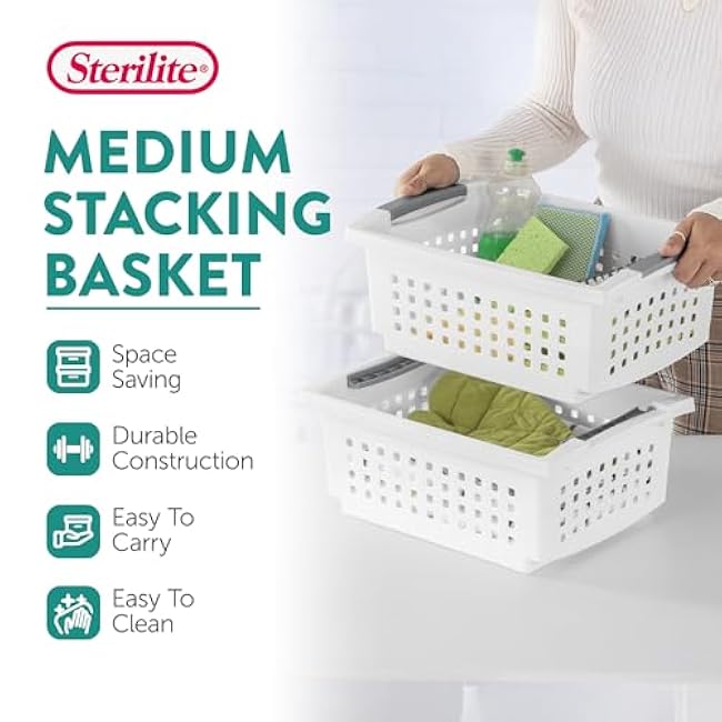 Sterilite 10-Pack Medium Stacking Basket, Open Top Plastic Storage Organizer, White - Stackable Crate Containers for Countertop, Cabinet, Pantry Shelf, Laundry Room, Bathroom & Home Office