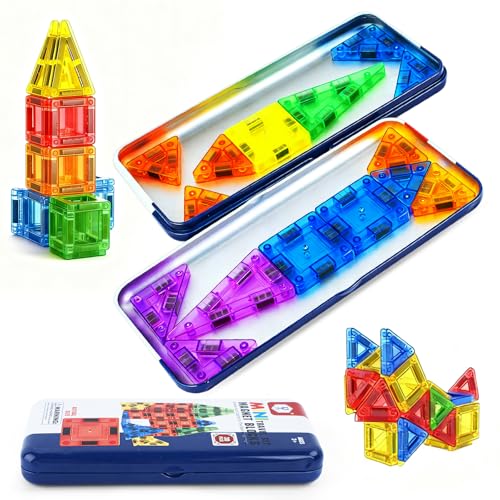 Mini Magnetic Tiles for Kids Ages 3-6 Travel Magnet Building Tiles Set STEM Educational Building Blocks Set with Iron Box 30PCS Portable Building Game Toys for Toddlers Boys & Girls Puzzle Gift