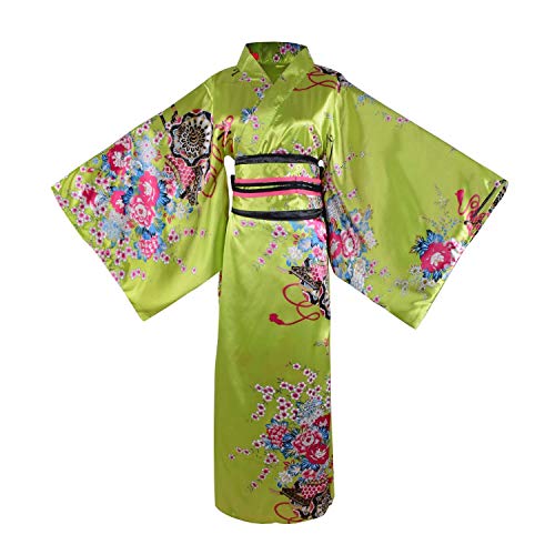 Disfraz de geisha japonés para adulto de LWODANU Yukata con patrón floral, bata de satén con flor, ropa de dormir con cinturón Obi (30 largo Verde Limón, L)