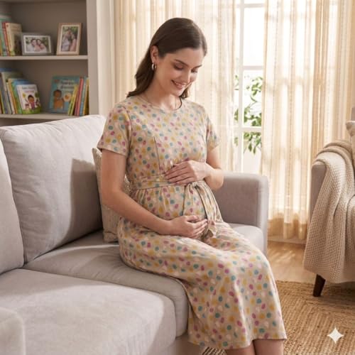 Image of Zero Clothing Feeding Dress for New Moms Casual Loungewear Ankle Length | Cotton Maternity Nighty | Zipless Feeding Dresses for Women | Pregnancy & Nursing Wear