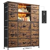 EnHomee 51' H Dresser with 15 Drawers Dresser for Bedroom with Charging Station & LED Lights & Hutch Sturdy Fabric Bedroom Dressers, Steel Frame, Wood Top, Rustic Brown, 51.2' H x 39.3' W x 11.8' D