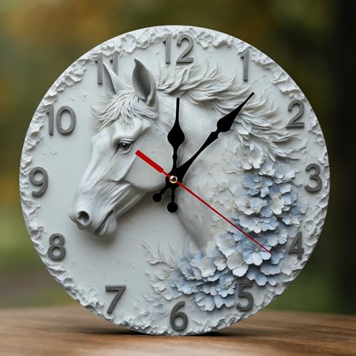 GVYGVY Horloges murales décoratives à piles - 25,4 cm - En bois élégant - Motif cheval bleu et blanc - Impression 2D sans tic-tac - Pour salon, bureau,...