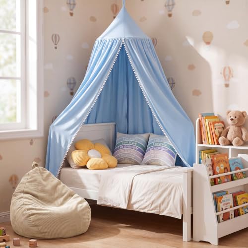Image of 5 Pcs Reading Nook Set for Kids, Kids Reading Corner Decor with Bean Bag Chair Cover & Throw Pillow Cover(No Filler) Canopy and Flower Pillow for Bedroom Playroom Nursery(Blue)