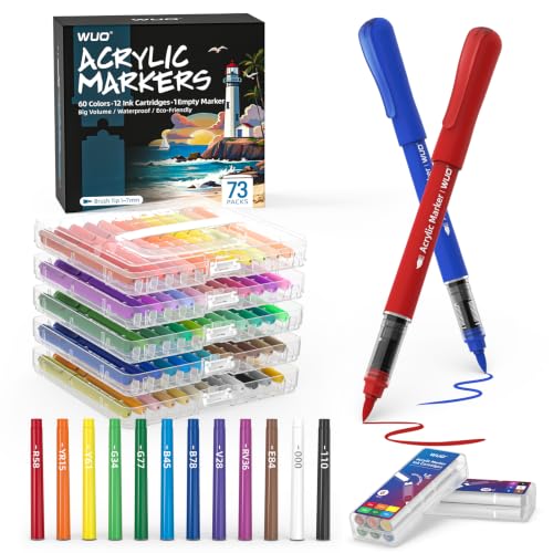 Image of WUO Acrylic Paint Markers, 60 Colors Water-Based No-Bleed Paint Pens with Brush Tip, Automatic Ink Control Markers for Rock Painting, Wood, Glass, Fabric DIY Art, 12 Extra Replaceable Ink Cartridges