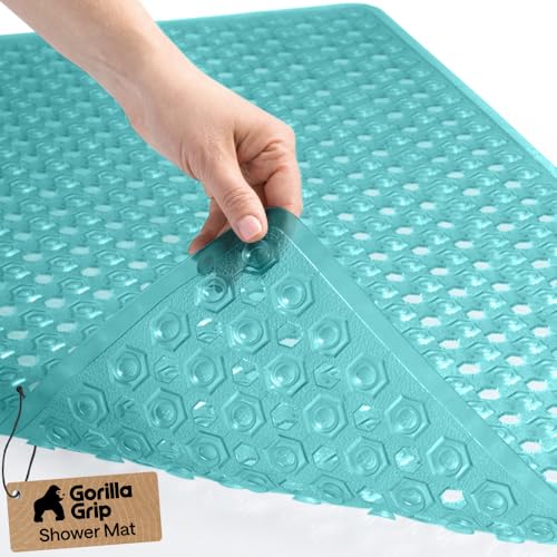 GORILLA GRIP Patented Bath Tub Shower Mat, Machine Washable Bathtub Floor Liner Mats, Suction Cups and Drain Holes to Keep Tubs Clean, Soft on Feet, Bathroom Essentials, 35x16 Inch, Clear Turquoise