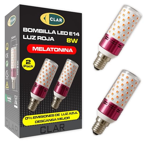 CLAR - Luz Roja Nocturna Melatonina, Luz Roja Bebe, Bombilla Para Dormir, 8W E14 (Pack 2)