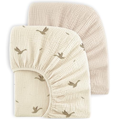 Image of Bearmoss Muslin Crib Sheets - 100% Cotton Baby Crib Sheets Fitted for Standard Crib Mattress & Toddler Bed Mattress 52 inchx28 inch Soft Breathable Crib Sheet Neutral for Boys Girls - 2 Pack (Goose White)