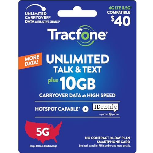 Tracfone $40 Unlimited Talk & Text Plus 10GB Data / 30–Day Plan (Physical Delivery)