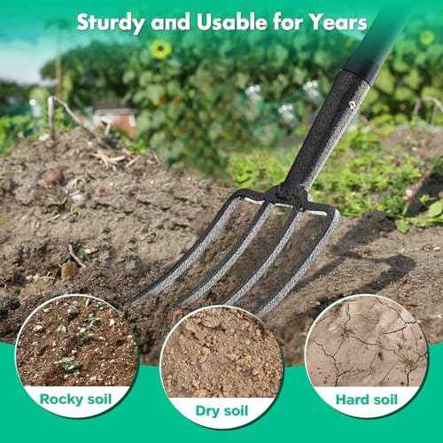 Pitchfork 4 Tines - 50 Inch Long Garden Spading Digging Fork with Metal Handle, Rustproof Heavy Duty Manure Fork for Weeding, Mulch Spreading, Loosening, Turning Compost, Garden Fork with D Handle - Thumbnail 7