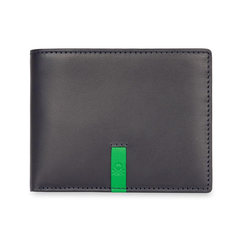 Image of United Colors of Benetton Men RFID Protected Derwent Slimfold Wallet - Navy+Green, No. of Card Slot: 8 | Tape Inlayed Slimfold Wallet with Side Closure | Leather