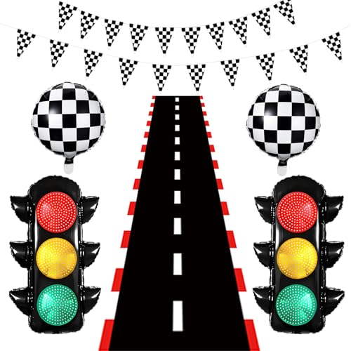 Image of Race Car Birthday Party Decorations with Traffic Light Balloons,Automobile Party Decorations for Kids Include Transportation Light Balloons Checkered Pennant Banner Checkered Balloon Race Track Cloth