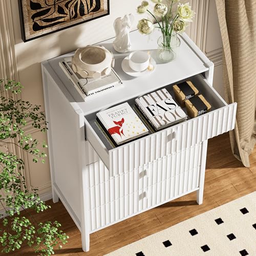 Image of Furniway White 5 Drawer Dresser, 31.5 inch Wide Modern Chest of Drawers with Fluted Front and Metal Handles, Storage Dresser for Bedroom, Living Room, or Entryway
