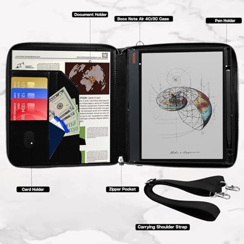 Image of E NET-CASE Case for 10.3 inch Boox Note Air4 C (2024) /Boox Note Air3 C (2023) - Business Handheld Design Upgraded PU Leather Cover with Zipper & Pen Holder (Black)
